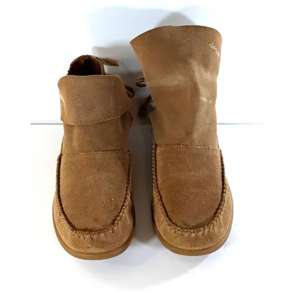 Sanuk Julep Women's Brown Suede Ankle Boots Knit Side Panel Size 6 Comfort